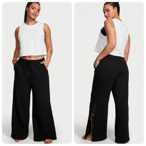 Victoria's Secret Pants - Victoria's Secret Pure Black Fleece Popper Snap Wide Leg Jogger Size Large